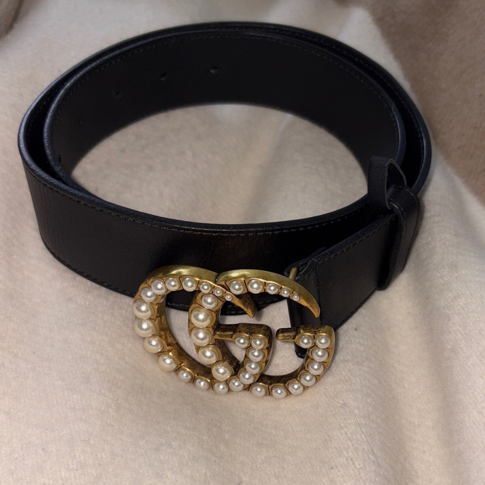 Gucci Moon Calfskin Pearl Double G 40mm Belt 75 30 Black Cream - Picture 2 of 10